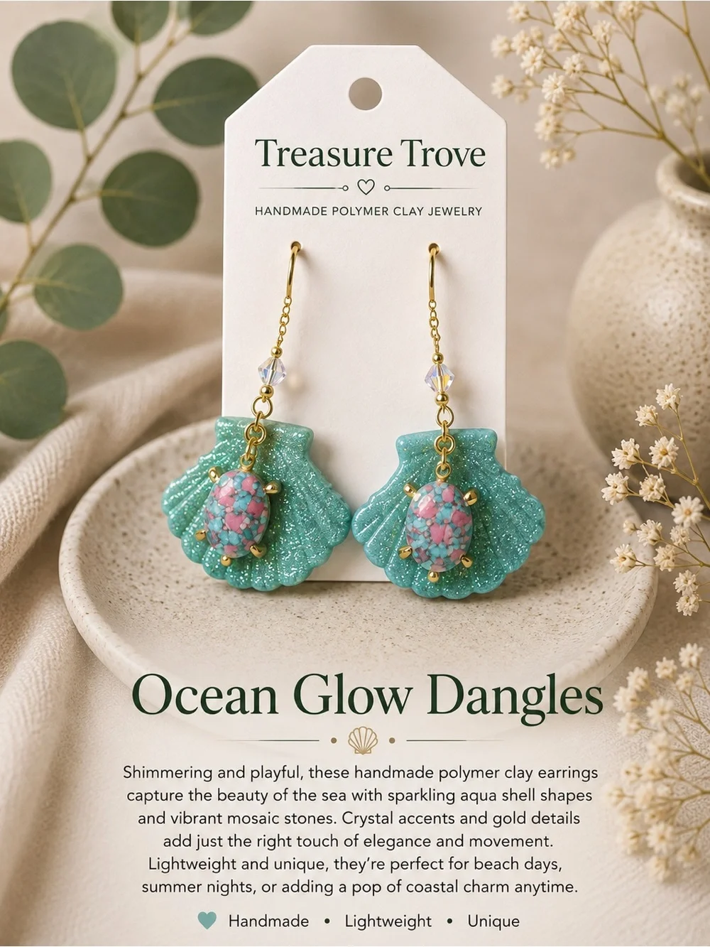Treasure Trove Aqua Shell Drop Earrings with Pink Mosaic